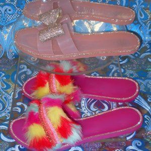 NUCOLLECTIONS MULTI-COLOR GLITTER AND FAUX FUR FLIP-FLOP SHOE LOT SIZE 10 MEDIUM